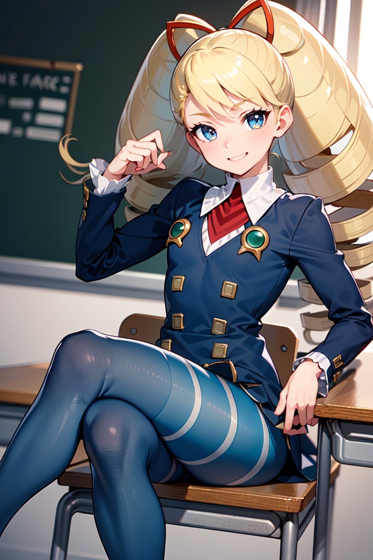 masterpiece, best quality, 1girl, Luna_MM, twintails, (twin drills), blonde hair, smile, dress, blue pantyhose, striped pantyhose, sitting on desk, crossed legs, classroom, <lora:EMS-51446-EMS:0.800000>