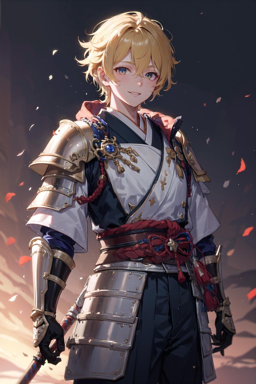 (highly detailed:1.3), (1boy:1.1), solo, (male focus:1.1), light smile, <lora:wrench_genshin_style_male:0.6>, wrench_genshin_style, (japanese armor:1.2), Ultra-detail, (highres:1.1), best quality, (masterpiece:1.3), cinematic lighting, 