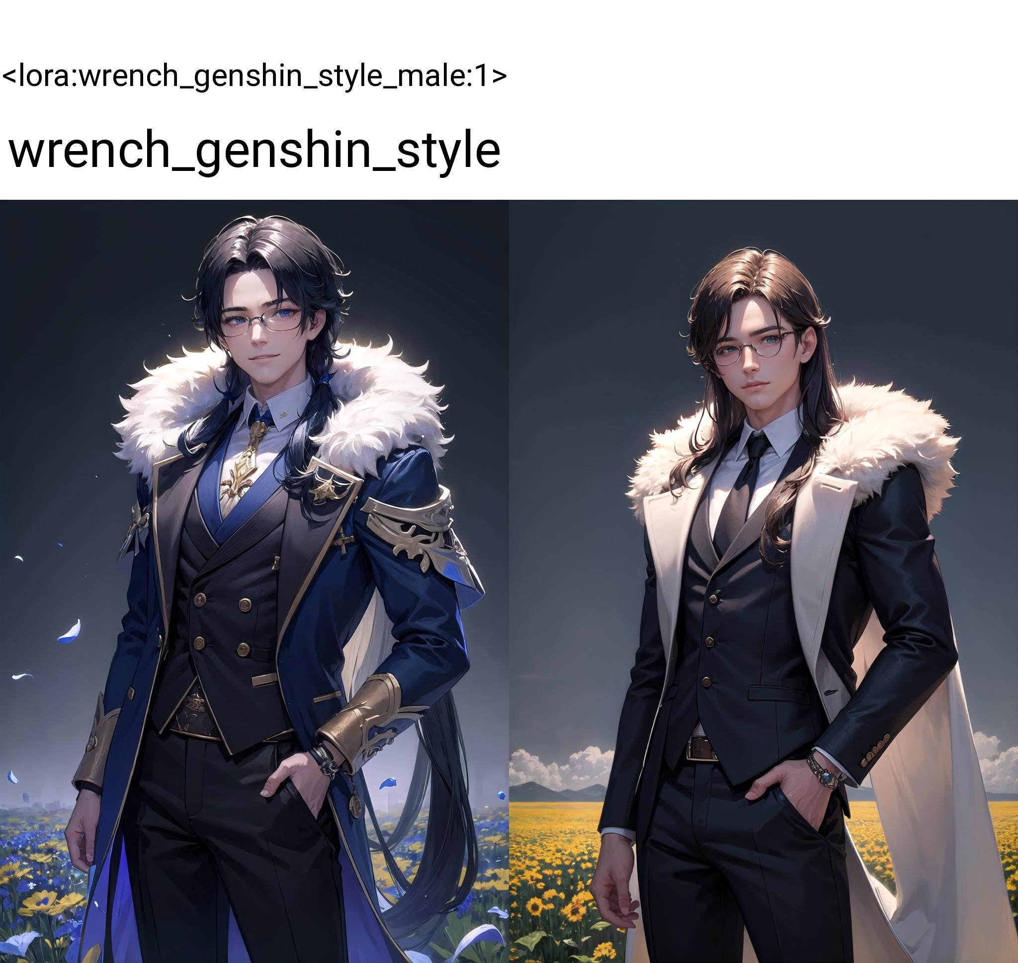 (highly detailed:1.3), 1boy, solo, smirk, flower, (flower field:1.2), semi-rimless eyewear, <lora:wrench_genshin_style_male:1> wrench_genshin_style, muscular male, long hair, blue eyes, fur coat, fur trimmed, blazer, pants, tied hair, jewelry, Ultra-detail, (highres:1.1), best quality, (masterpiece:1.3), cinematic lighting, 