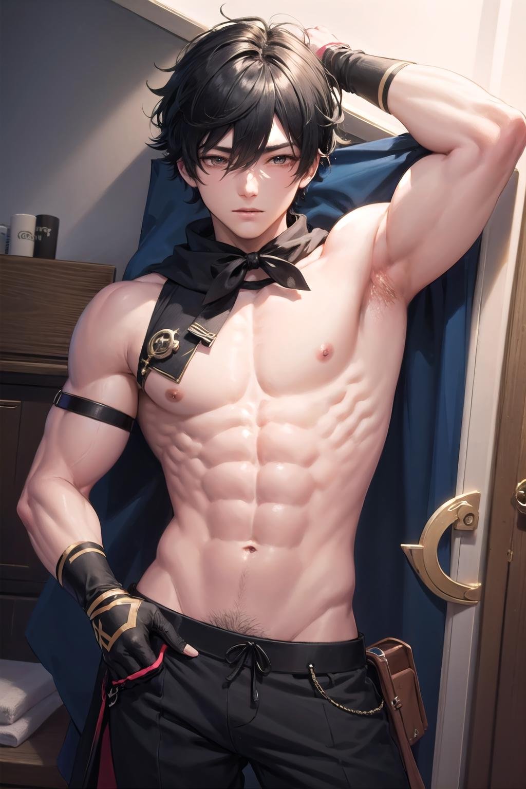 <lora:wrench_genshin_style_male:1>, wrench_genshin_style, 1boy, bare chest, abs, muscular male, 
