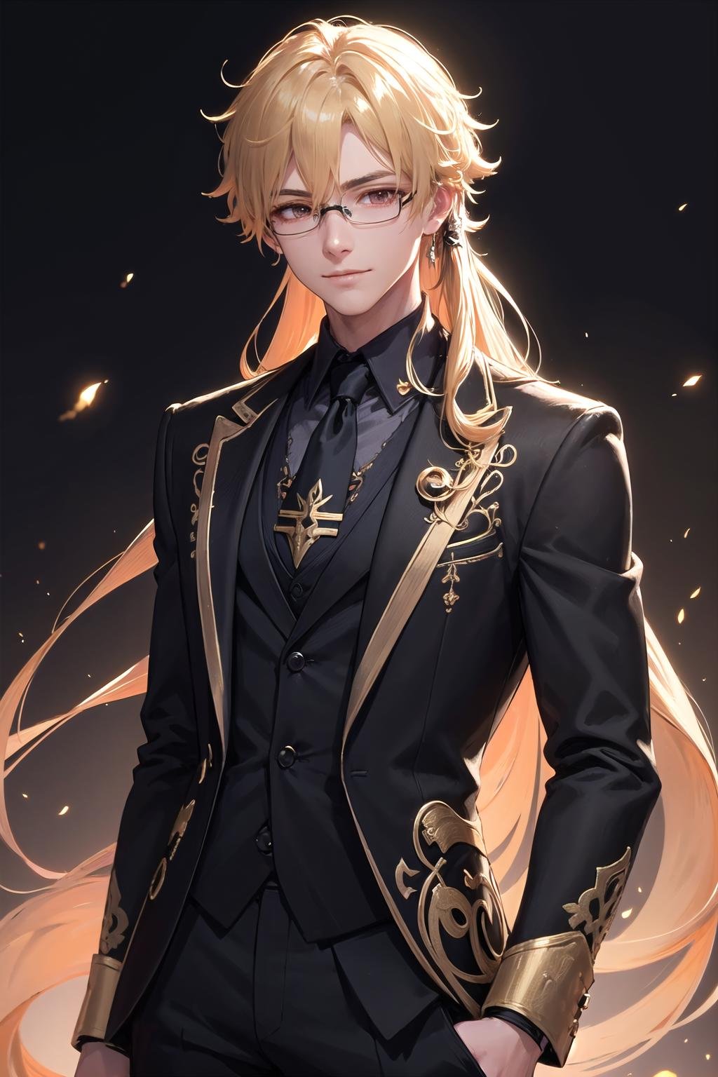 (highly detailed:1.3), (1boy:1.1), solo, (male focus:1.1), smirk, <lora:wrench_genshin_style_male:1>, wrench_genshin_style, (very long hair:1.1), (mature male:1.1), semi-rimless eyewear, (black suit:1.2), classy, (elegant:1.1), (golden embroidery:1.3), white collared shirt, black necktie, Ultra-detail, (highres:1.1), best quality, (masterpiece:1.3), cinematic lighting, 