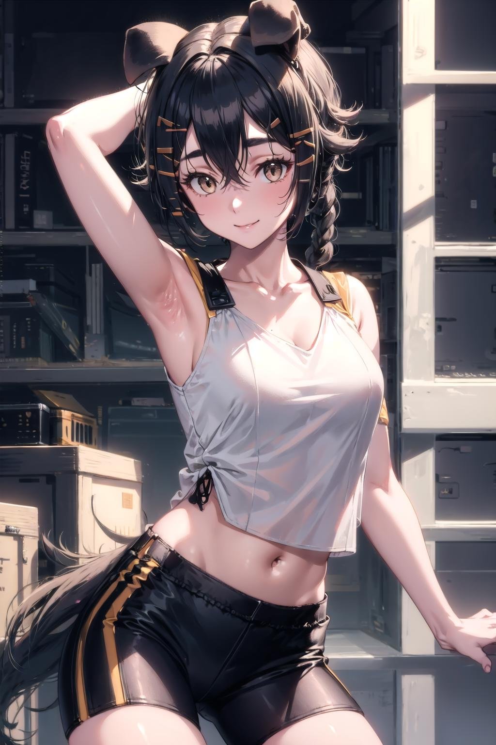 (highly detailed:1.3), 1girl, solo, light smile, brown eyes, <lora:ak_jackie-000005:1>, ak_jackie, short shorts, collarbone, midriff, sleeveless, white shorts, high ponytail, very long hair, white shirt, Ultra-detail, (highres:1.1), best quality, (masterpiece:1.3), cinematic lighting, 