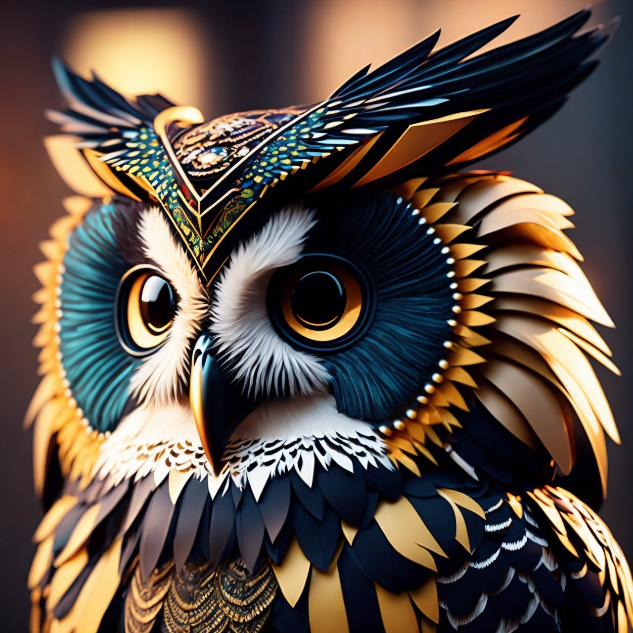 (best quality, 3D, high-res), (cinematic lighting, octane render), Behold a stunning 3D masterpiece featuring an intricately detailed owl with a decorative headdress, illuminated by cinematic lighting, and rendered with the exquisite precision of Octane Render.