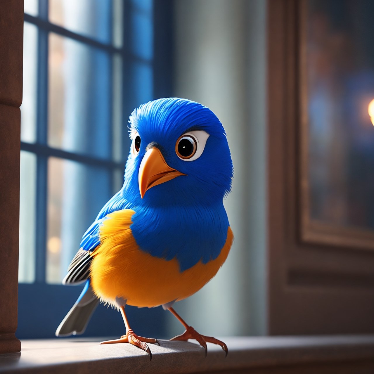 (best quality, hyper-realistic, 8K, ultra HD), (Pixar style, Disney style, Cinema 4D), Create a stunning 8K ultra HD illustration that brings Benny, a small bird with bright blue feathers and a melodious voice, to life. Render Benny in a hyper-realistic style, paying homage to both Pixar and Disney's iconic animation styles, using the power of Cinema 4D to capture every intricate detail of this charming character perched gracefully on a windowsill.