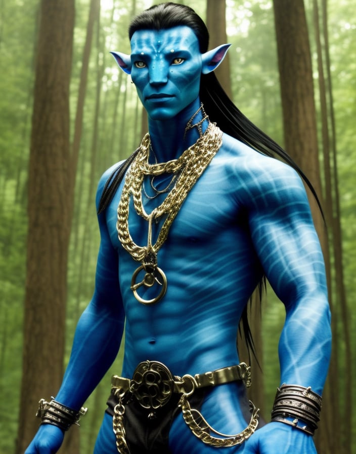 blue skin avatar man, from avatar movie, drip, swag, muscular, gold chains, rings, boss, smirking, sunglasses, standing in a forest