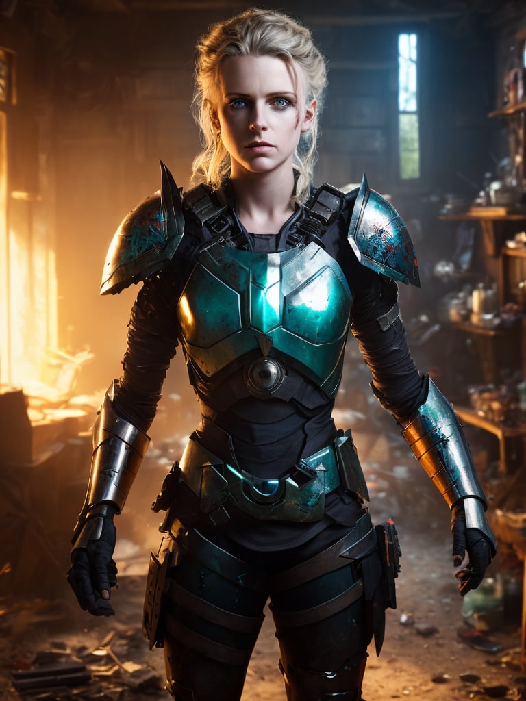 dark and gloomy full body 8k unity render, female teen cyborg, Blue yonder hair, wearing broken battle armor, at cluttered and messy shack , action shot, tattered torn shirt, porcelain cracked skin, skin pores, detailed intricate iris, very dark lighting, heavy shadows, detailed, detailed face, (vibrant, photo realistic, realistic, dramatic, dark, sharp focus, 8k)