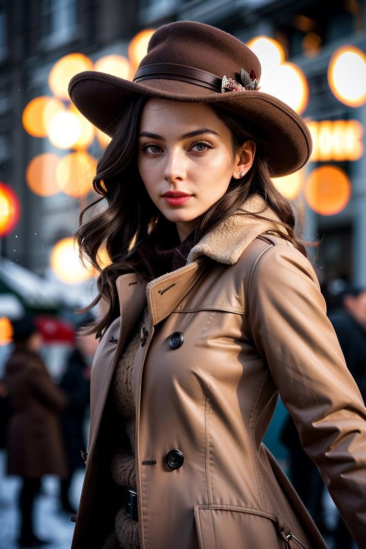 (dynamic pose:1.2),(dynamic camera),(analog photo raw:1.2),
(a woman in a brown coat and hat)
,(masterpiece, top quality, best quality, official art,extreme detailed,highest detailed,depth of field,bokeh:1.3,realistic rim lighting,complex, multiple subjects, 4k HDR),