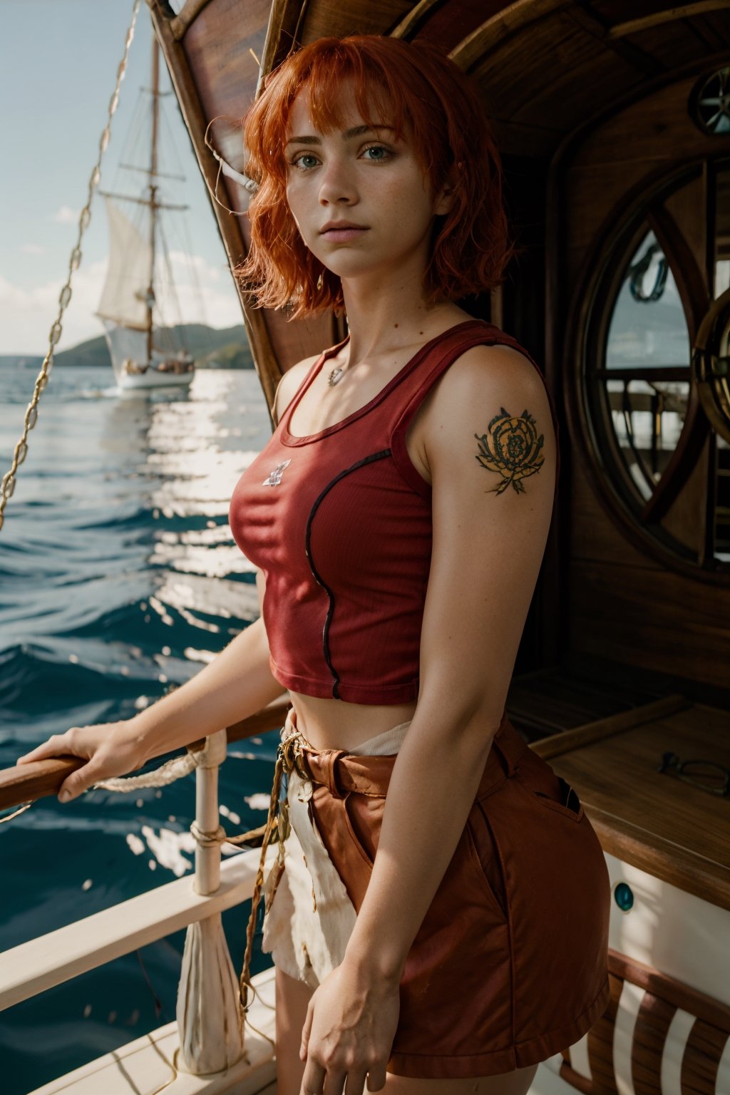 emilyrudd, nami, a woman with red hair on a wooden boat 
, a woman with red hair