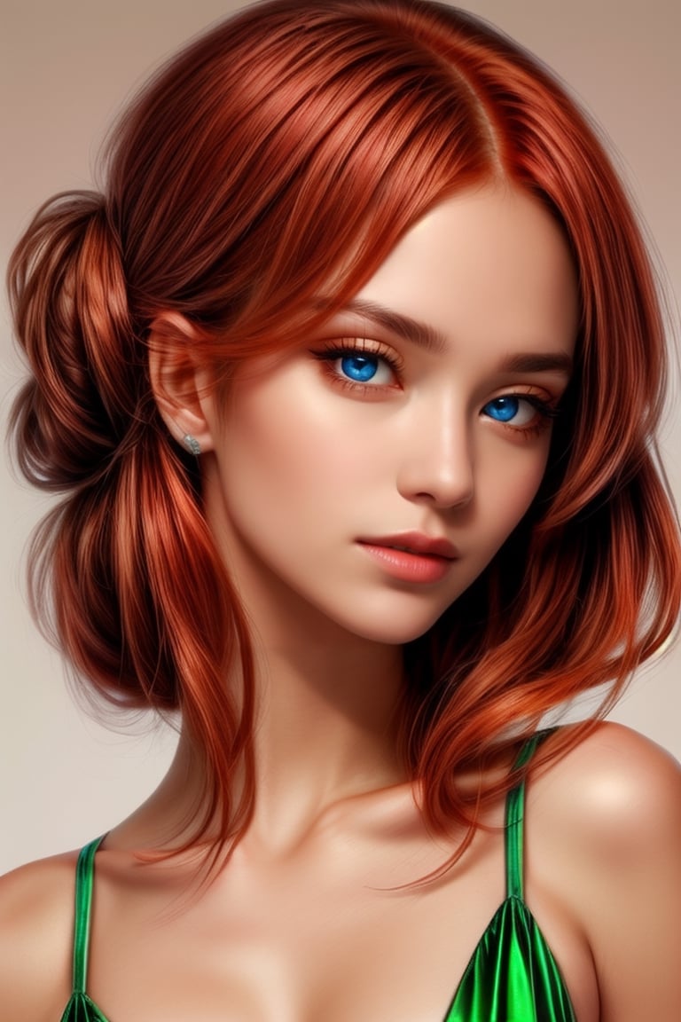 Thalia, medium height, slender, toned figure. Mahogany red hair in elegant chignon, hypnotic emerald green eyes. Angular face, high cheekbones, straight nose, thin well-defined lips, small scar on left jaw