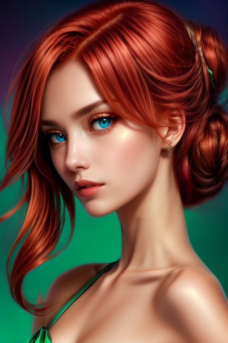 Thalia, medium height, slender, toned figure. Mahogany red hair in elegant chignon, hypnotic emerald green eyes. Angular face, high cheekbones, straight nose, thin well-defined lips, small scar on left jaw