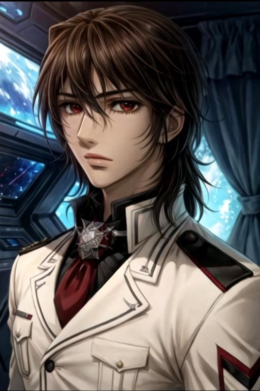 masterpiece, best quality, sketch, 1boy, solo, male focus, looking at viewer, , , anime coloring, , <lora:kaname_kuran:0.74>, kaname_kuran, brown hair, red eyes, funny costume, science fiction military science fiction,