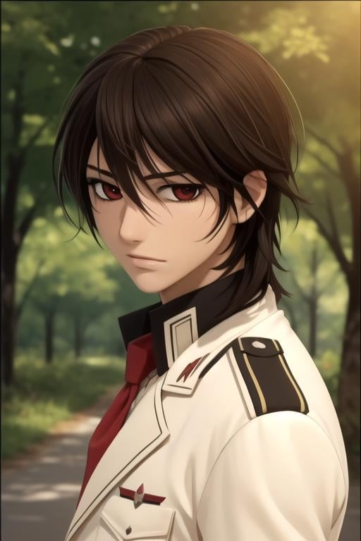 masterpiece, best quality, photorealistic, 1boy, solo, male focus, looking at viewer, upper body, depth of field, , , <lora:kaname_kuran:0.74>, kaname_kuran, brown hair, red eyes, funny costume, world war 2,