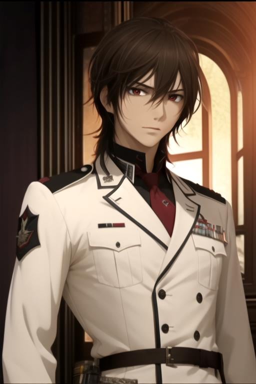 masterpiece, best quality, , 1boy, solo, male focus, looking at viewer, upper body, , , , <lora:kaname_kuran:0.70>, kaname_kuran, brown hair, red eyes, , science fiction military science fiction, 2k resolution