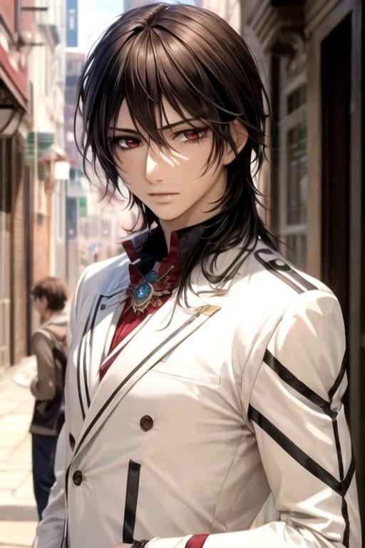 masterpiece, best quality, photorealistic, 1boy, solo, male focus, looking at viewer, upper body, depth of field, anime coloring, realistic, <lora:kaname_kuran:0.68>, kaname_kuran, brown hair, red eyes, greek costume, A magical kingdom where everything is perfect and everyone is happy,