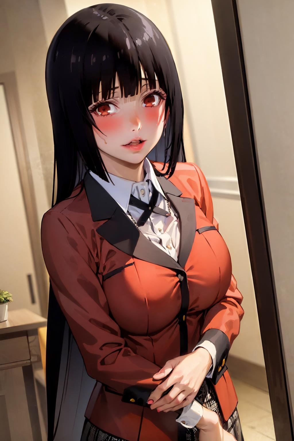 (best quality:1.1), (masterpiece:1.4), close up, portrait,1girl, jabami yumeko, red school uniform, blunt bangs, black hair, black skirt, looking at viewer,  parted lips,  <lora:Yumeko1x85x2x15xx:0.85>, 