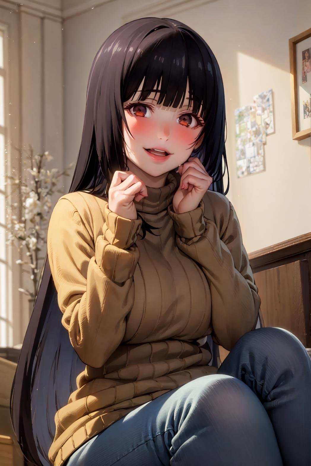 (best quality:1.1), (masterpiece:1.4), close up, portrait,1girl, jabami yumeko, blunt bangs, black hair, looking at viewer,  smile, sitting, sweater, jeans <lora:Yumeko1x85x2x15xx:0.70>, 