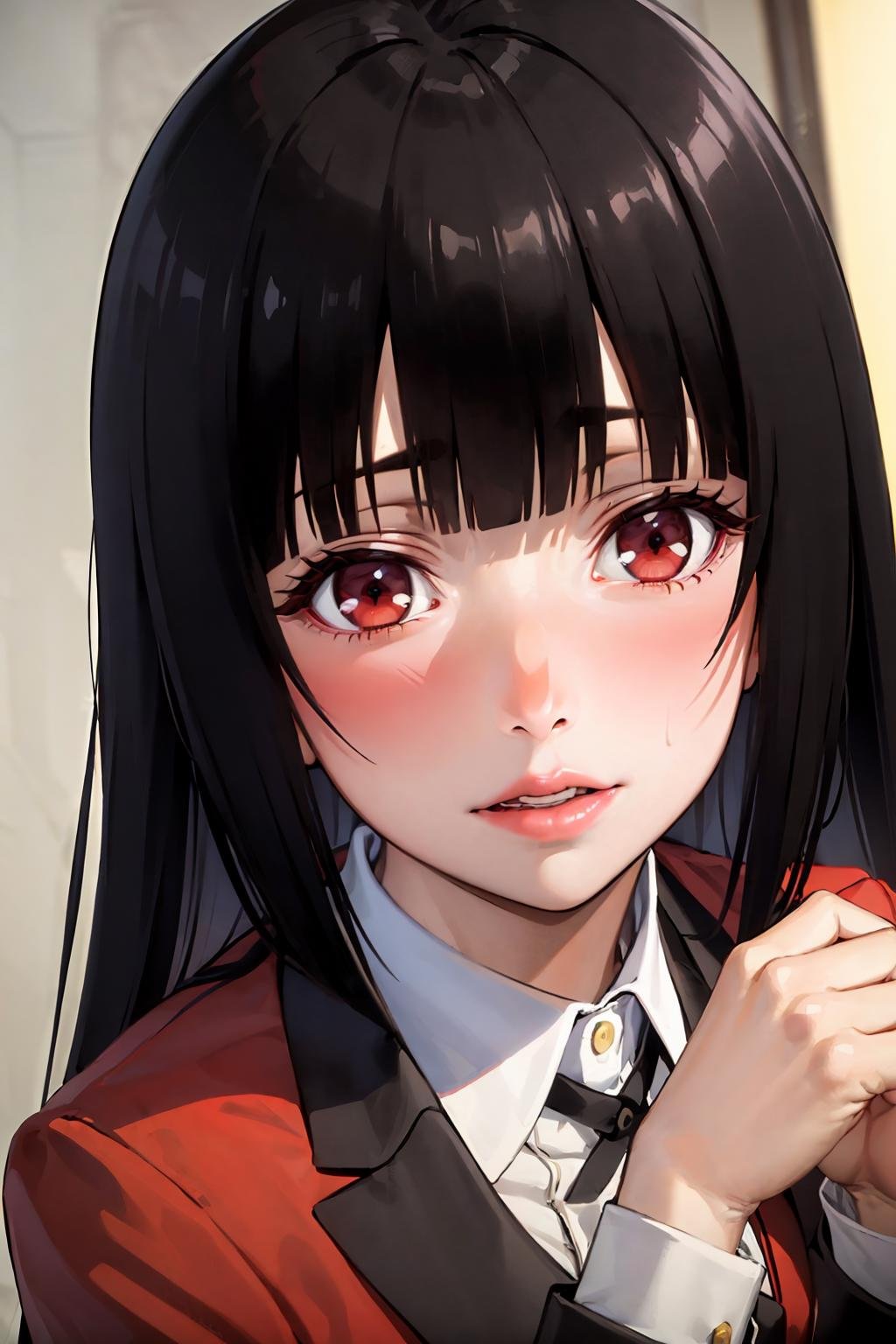 (best quality:1.1), (masterpiece:1.4), (absurdres:1.0), close up, portrait,1girl, jabami yumeko, red school uniform, blunt bangs, black hair, black skirt, looking at viewer,  <lora:Yumeko1x85x2x15xx:0.55>, 