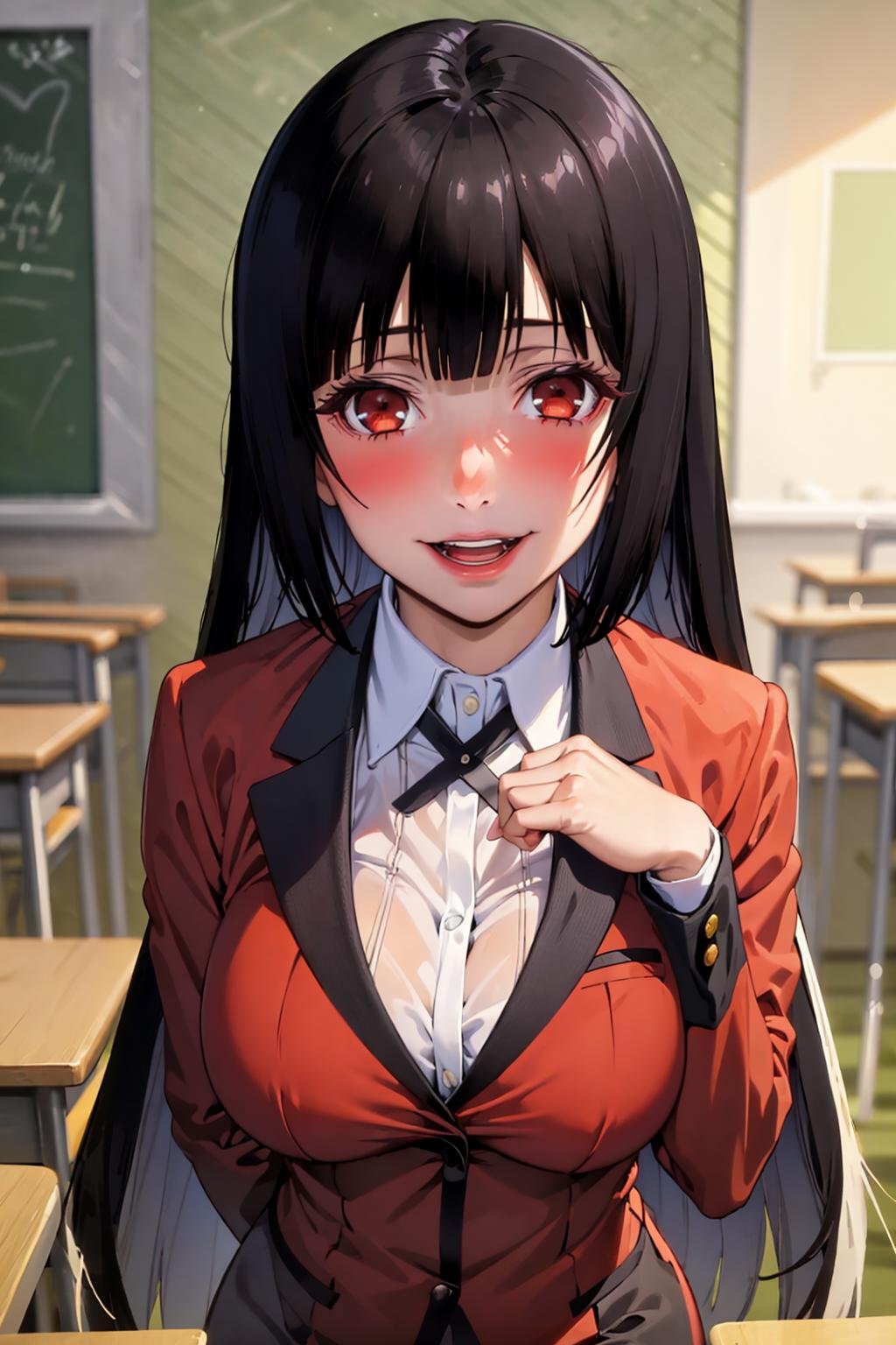 (best quality:1.1), (masterpiece:1.4), (absurdres:1.0), portrait, close-up,pov,1girl, jabami yumeko, red school uniform, blunt bangs, white shirt, black hair, looking at viewer, classroom, smile,<lora:Kizuki - Kakegurui - Jabami Yumeko:0.825>