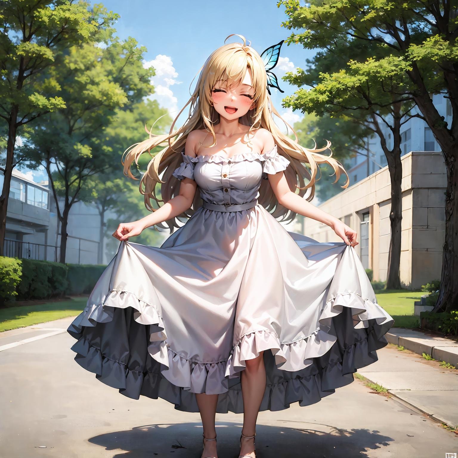 (best quality:1.1), (masterpiece:1.4), (absurdres:1.0), full body, standing, solo focus,1girl, kashiwazaki sena, butterfly_hair_ornament, blond hair, pink frilled dress, oudoors, park, laughing, open eyes,<lora:Kizuki - Haganai Kashiwazaki Sena:0.80>