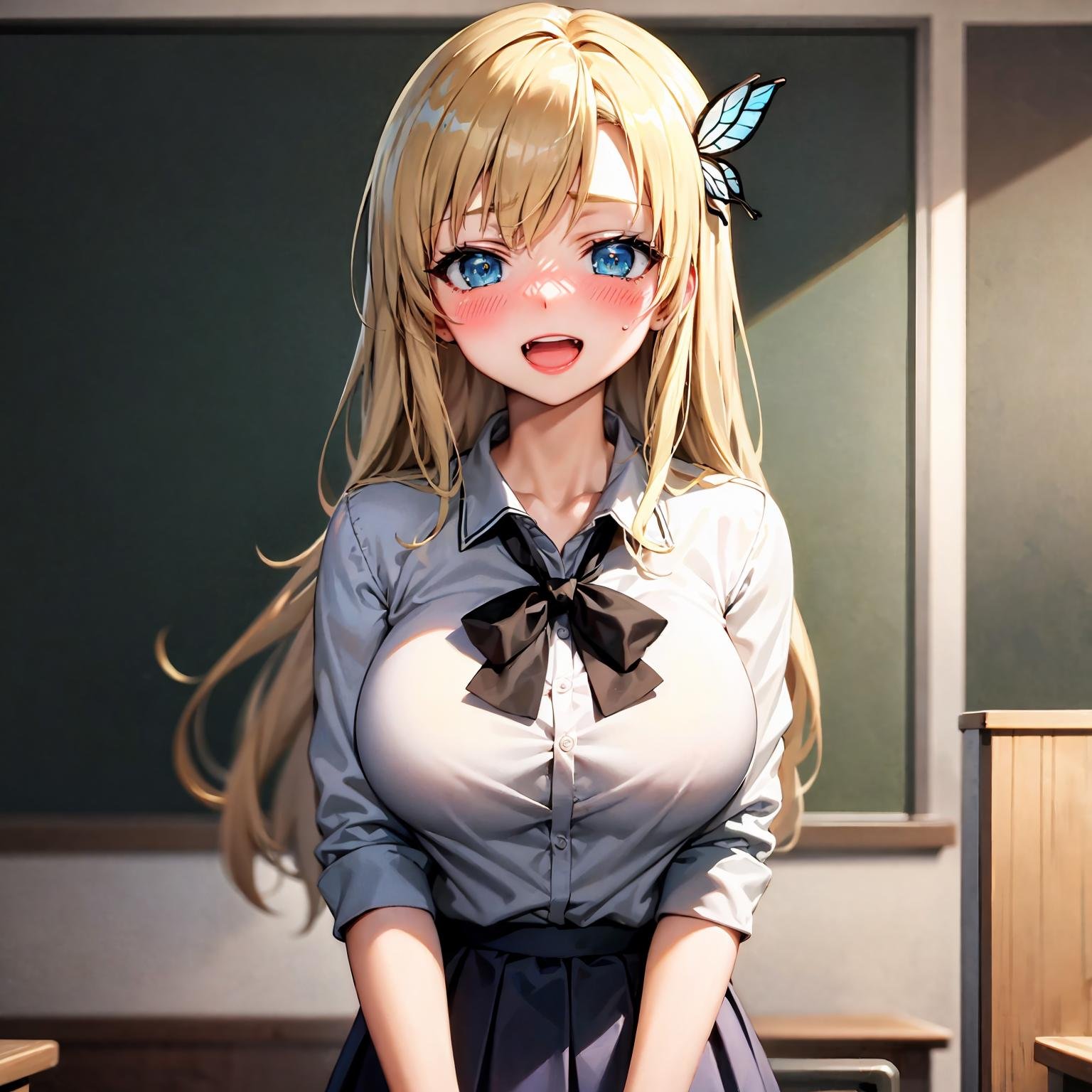 (best quality:1.1), (masterpiece:1.4), (absurdres:1.0), portrait,1girl, kashiwazaki sena, butterfly_hair_ornament, blonde_hair, long hair, school uniform, large breasts, looking at viewer, classroom, open_mouth, (blush:1.2), happy,<lora:Kizuki - Haganai Kashiwazaki Sena:0.90>