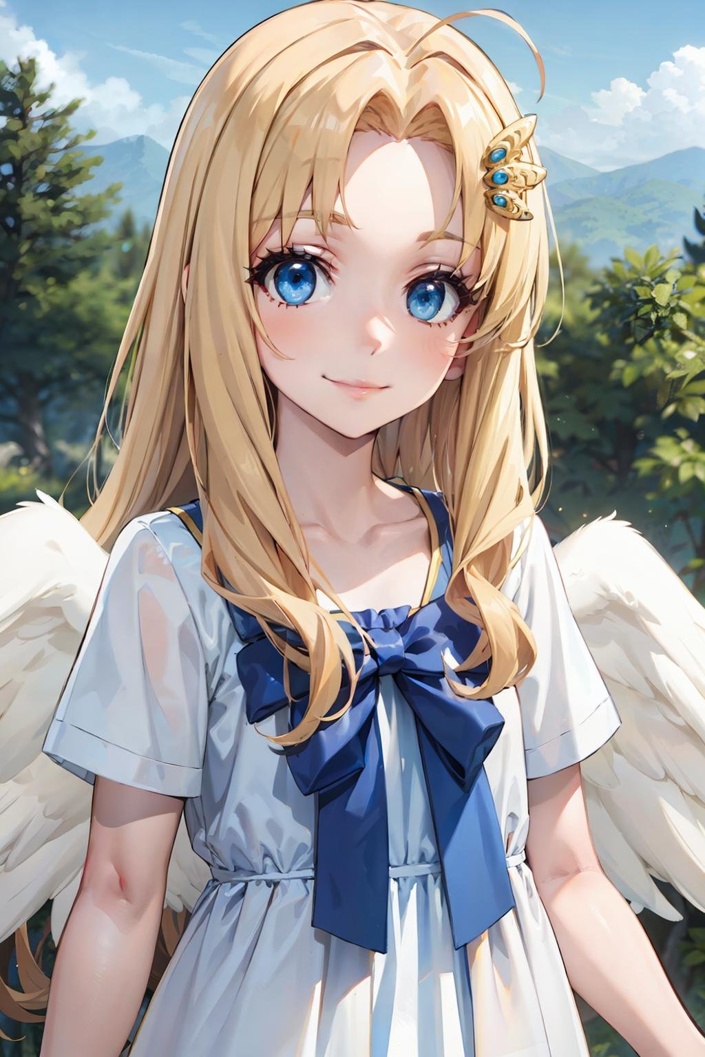 best quality, masterpiece, 1girl, filo, blonde hair, ahoge, hair ornament, flat chest, bangs, long hair, angel wings, white dress, blue bow, looking at viewer,  forest, smile, forehead,<lora:Kizuki - The Rising of the Shield Hero - Filo:0.95>