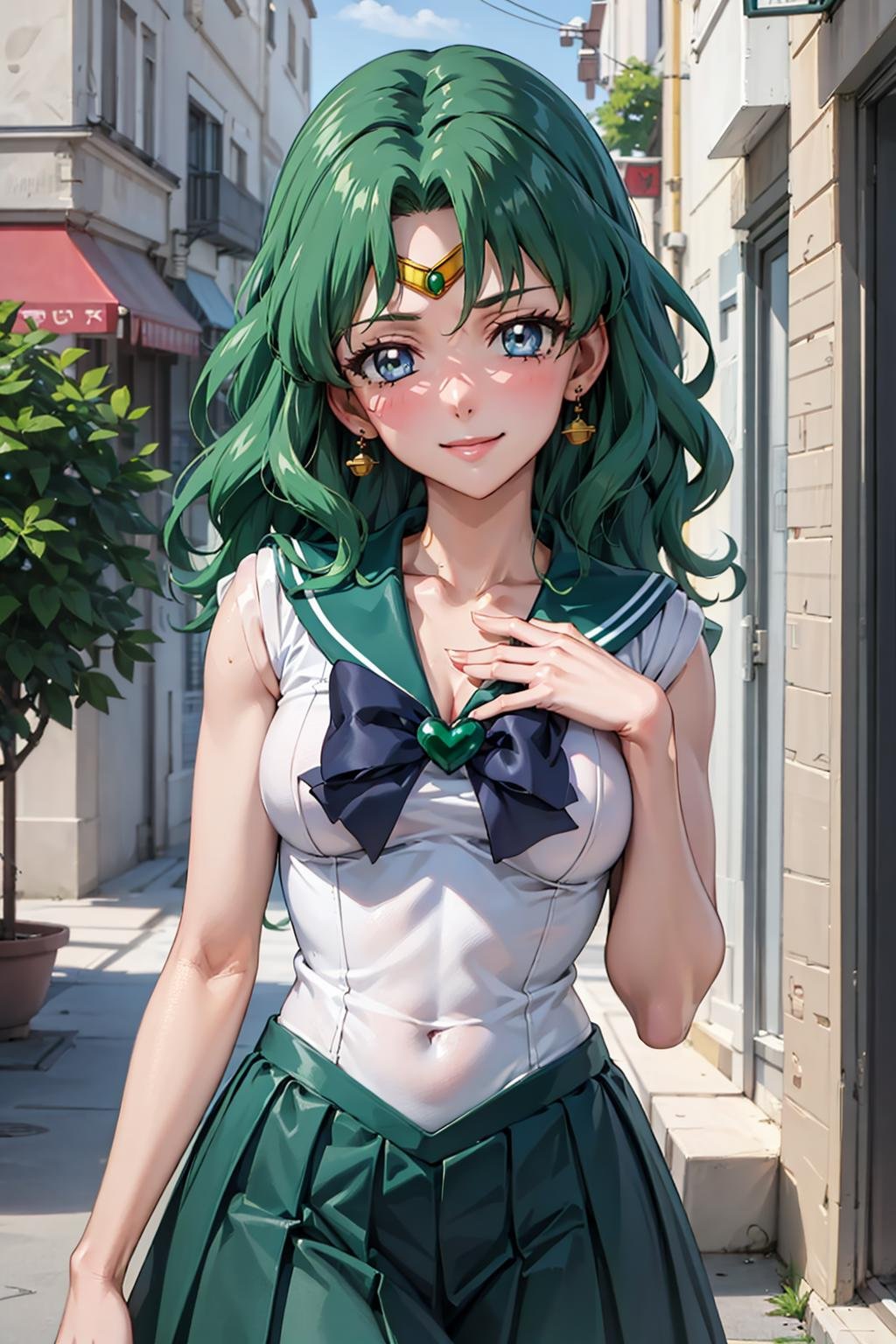 (best quality:1.1), (masterpiece:1.4), (absurdres:1.0), portrait, close-up,1girl, sailor neptune, (mature woman:1.3), small breasts, aqua eyes, dark green hair, medium hair, sailor senshi uniform, plead skirt, looking at viewer, alley, (blush:1.2), smile, aged up, hand on chest,<lora:Kizuki - Sailor Moon - Sailor Neptune:0.95>