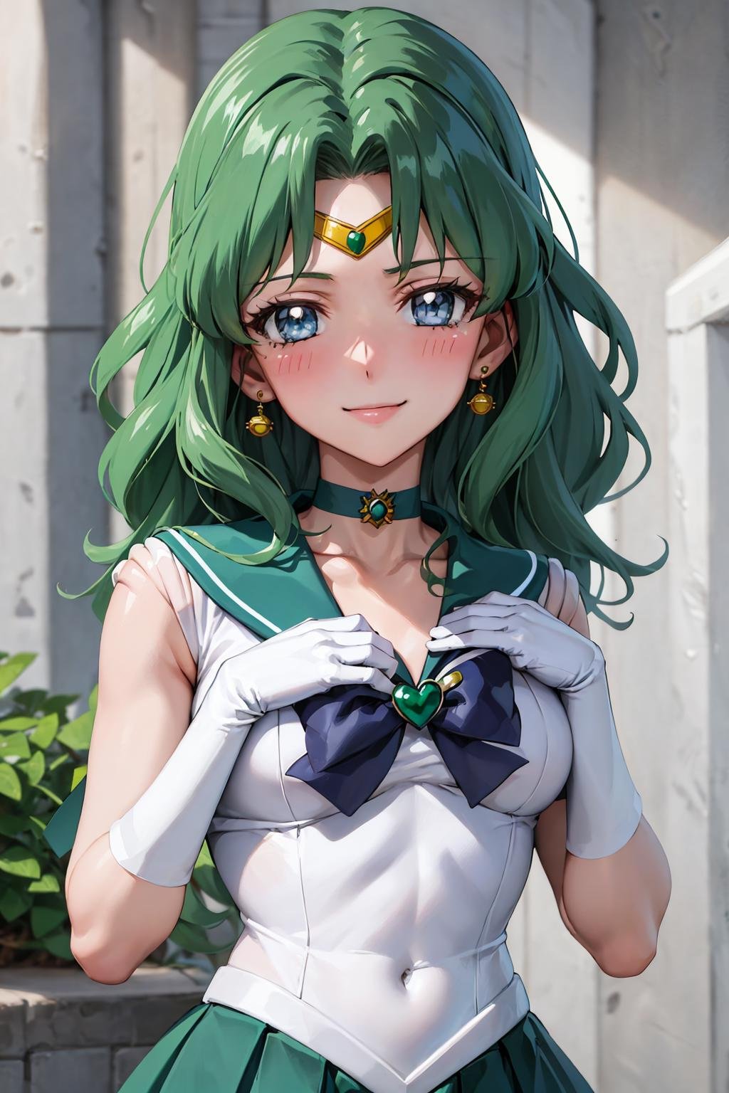 (best quality:1.1), (masterpiece:1.4), (absurdres:1.0), portrait, close-up,1girl, sailor neptune, (mature woman:1.3), small breasts, aqua eyes, dark green hair, medium hair, sailor senshi uniform, plead skirt, looking at viewer, alley, (blush:1.2), smile, aged up, hand on chest,<lora:Kizuki - Sailor Moon - Sailor Neptune:0.95>