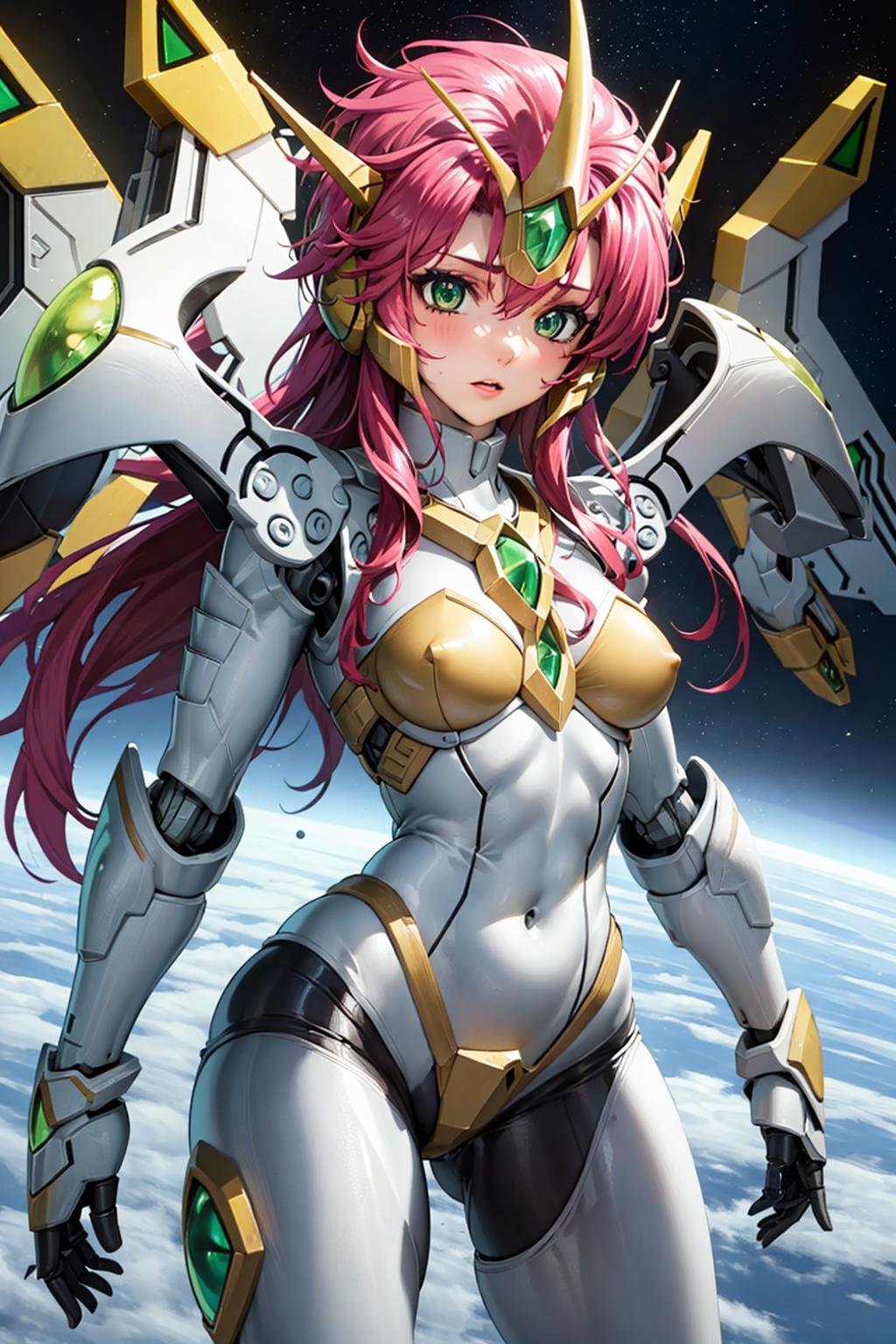 best quality, masterpiece, 1girl, Valsione r, mecha musume, mechanical parts, long hair, red hair, green eyes, medium breasts, mecha armor, robot, mechanical wings, galaxy, space,<lora:Kizuki - Super Robot Wars - Valsione R:0.9>