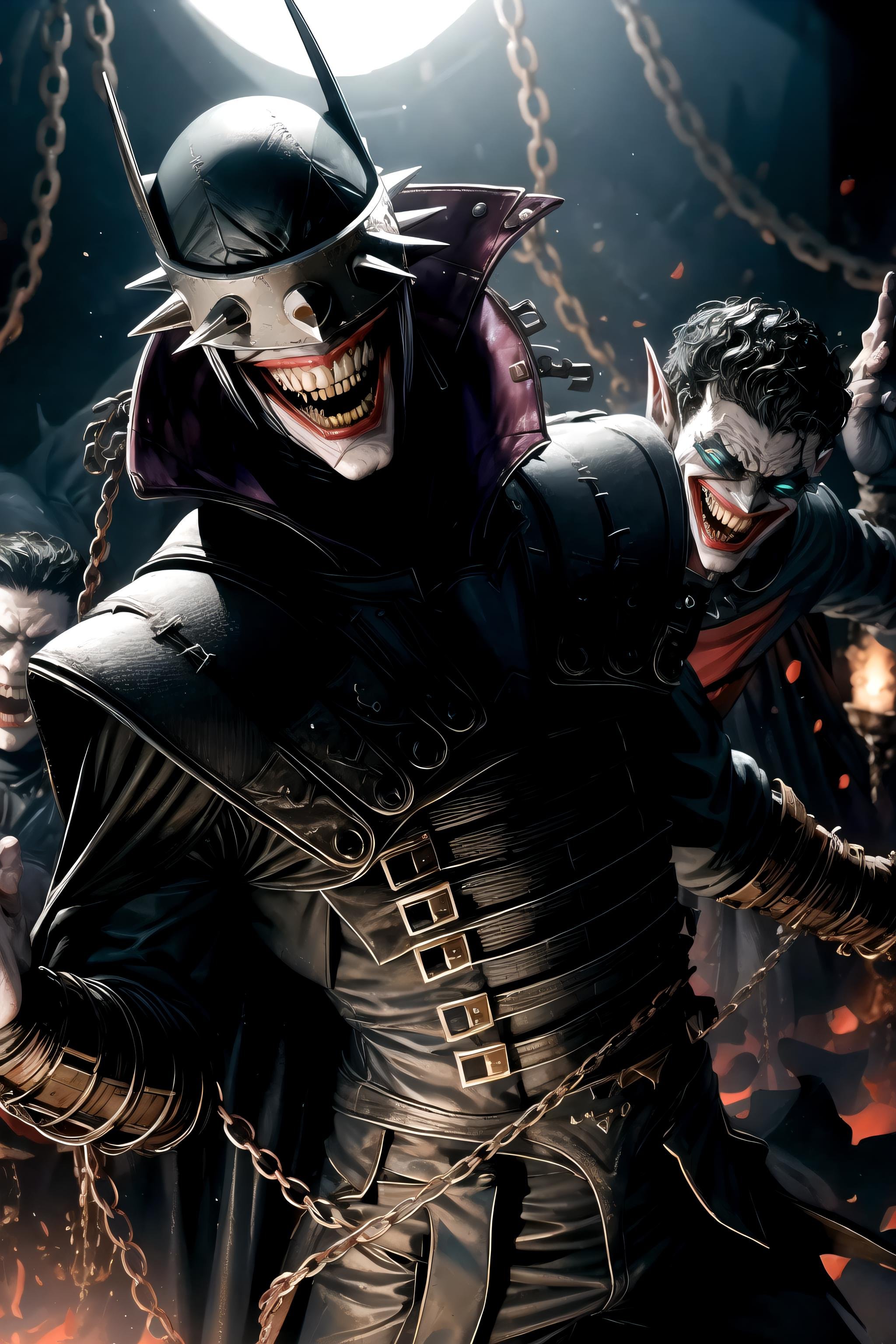 masterpiece, best quality, batmanwholaughs, feralrobins, 4boys, chains <lyco:BatmanWhoLaughsV9-000011:0.9>