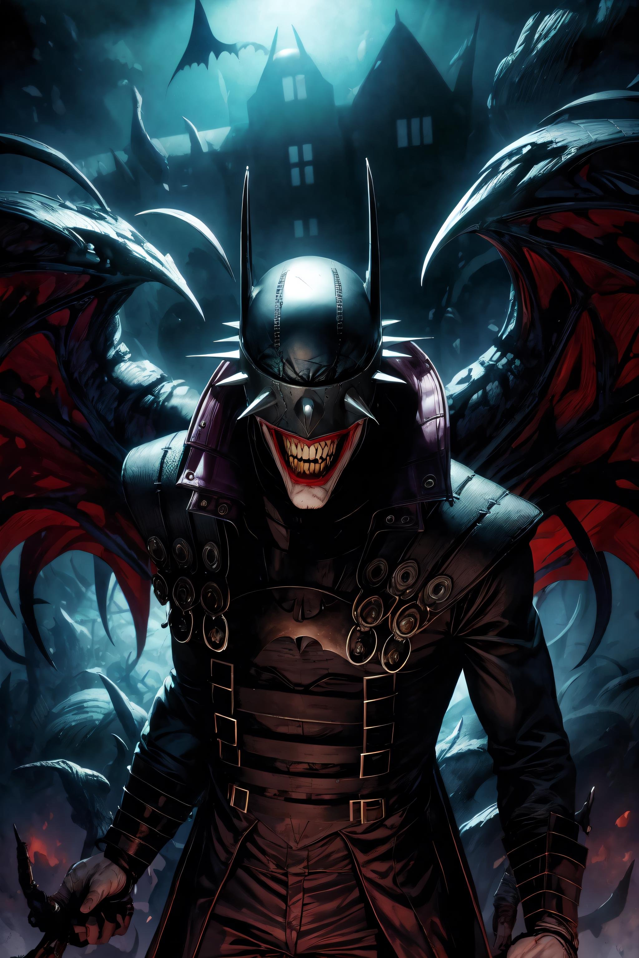 masterpiece, best quality, 1boy, batmanwholaughs, city street, horror, nightmare, dramatic lighting, dark, wings <lyco:BatmanWhoLaughsV9-000011:0.9>