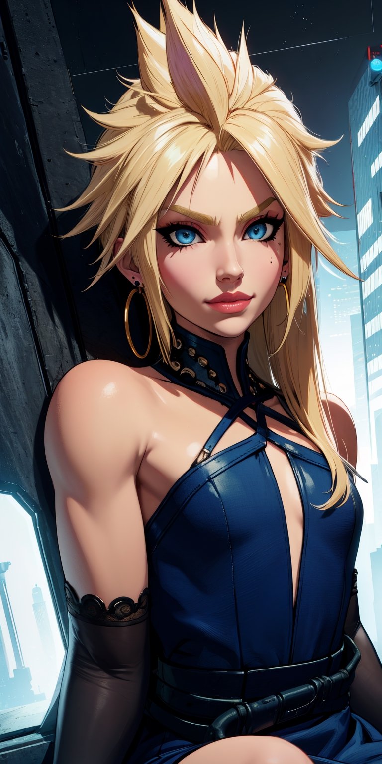 Cloud, long blonde hair, blue eyes, solo, sitting, upper body, eyeliner, looking at viewer, smirk, lip gloss, blue hair ribbon,
, earrings , flat chest, dark blue dress, elbow gloves, 
night, industrial, cyberpunk, (insanely detailed, beautiful detailed face, masterpiece, best quality)  