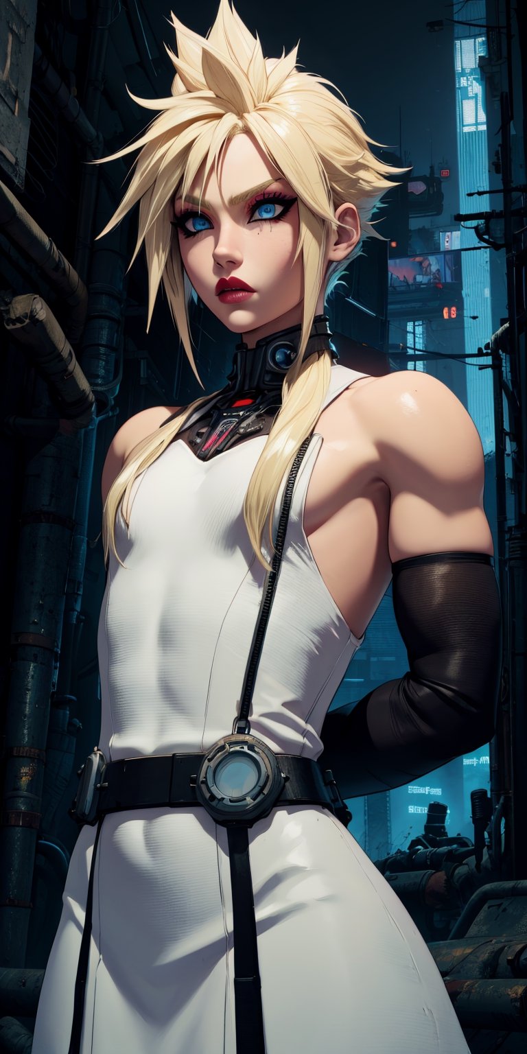 Cloud, long blonde hair, blue eyes, solo,  eyeliner,  otoko no ko,  
upper body, eyeliner,  lip gloss,   dark makeup,  serious, 
hips,  arms behind back,  
,flat chest, white dress,  black elbow gloves, night, industrial, cyberpunk,
standing, pose, 
 (insanely detailed, beautiful detailed face, masterpiece, best quality)  