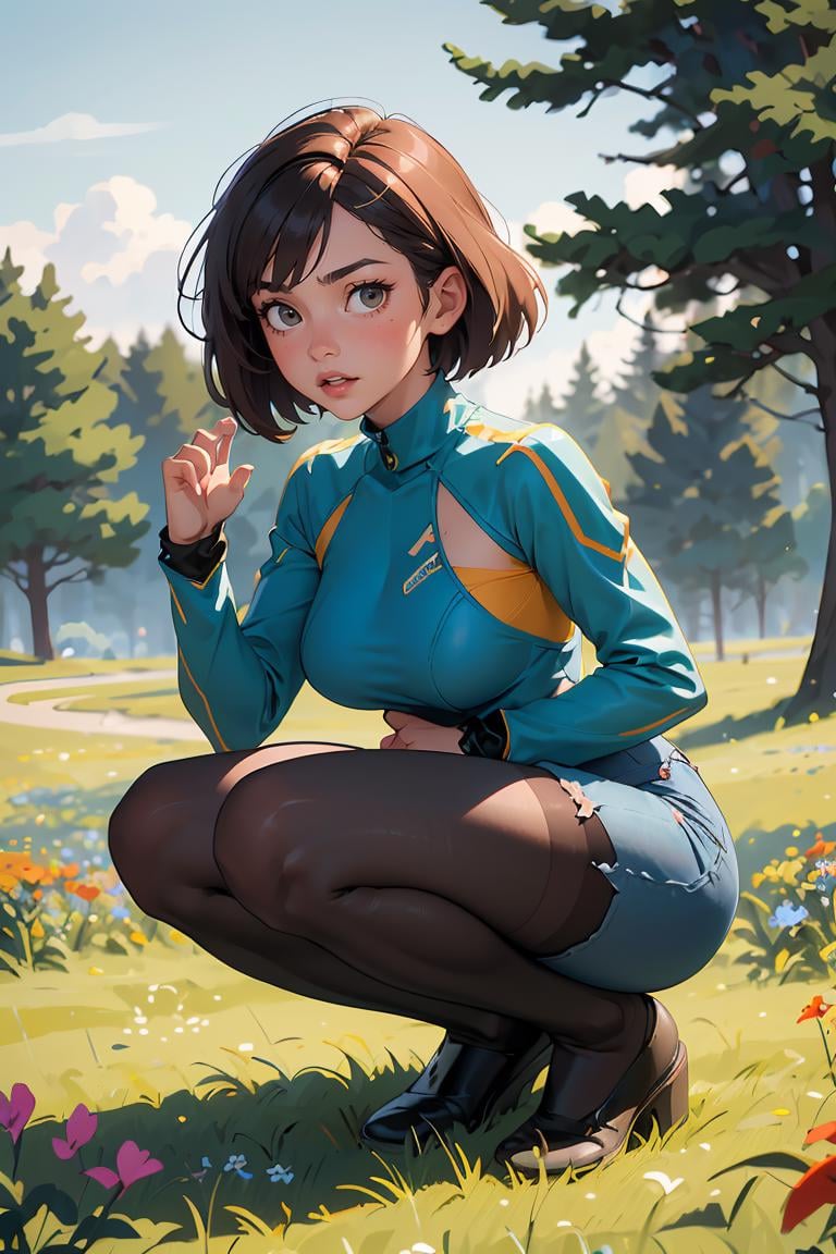 (masterpiece, best quality), 1girl, Terracotta Short Brushed Up Hair with High Fade, Size E breasts, Jet Black High-neck lace bodysuit with long sleeves. and Distressed denim culottes with a frayed hem, thighband pantyhose, Crouching in a field of wildflowers, hands outstretched, looking like a part of nature.