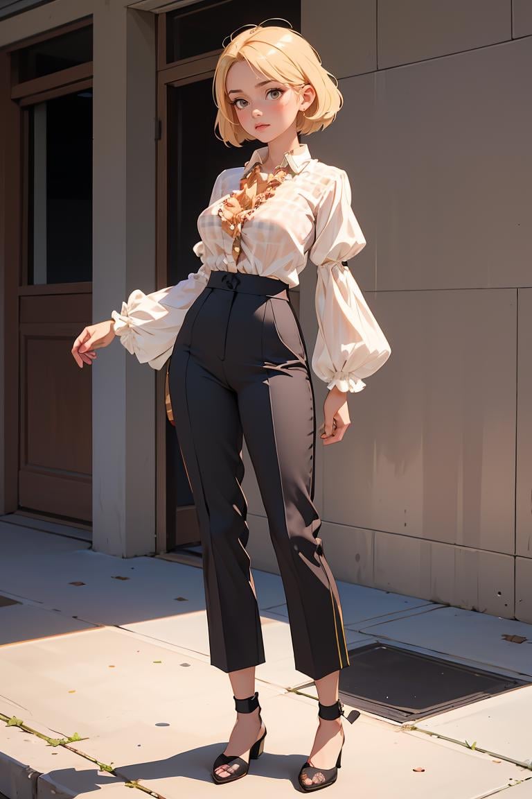(masterpiece, best quality), 1girl, Honey Blonde Highlights on Brown Textured Crop with Taper Fade, Size B breasts, Sky Collared button-up blouse with ruffled sleeves. and Cropped gingham trousers with a tailored fit, legwear garter, Standing with one foot on a step, looking ahead.
