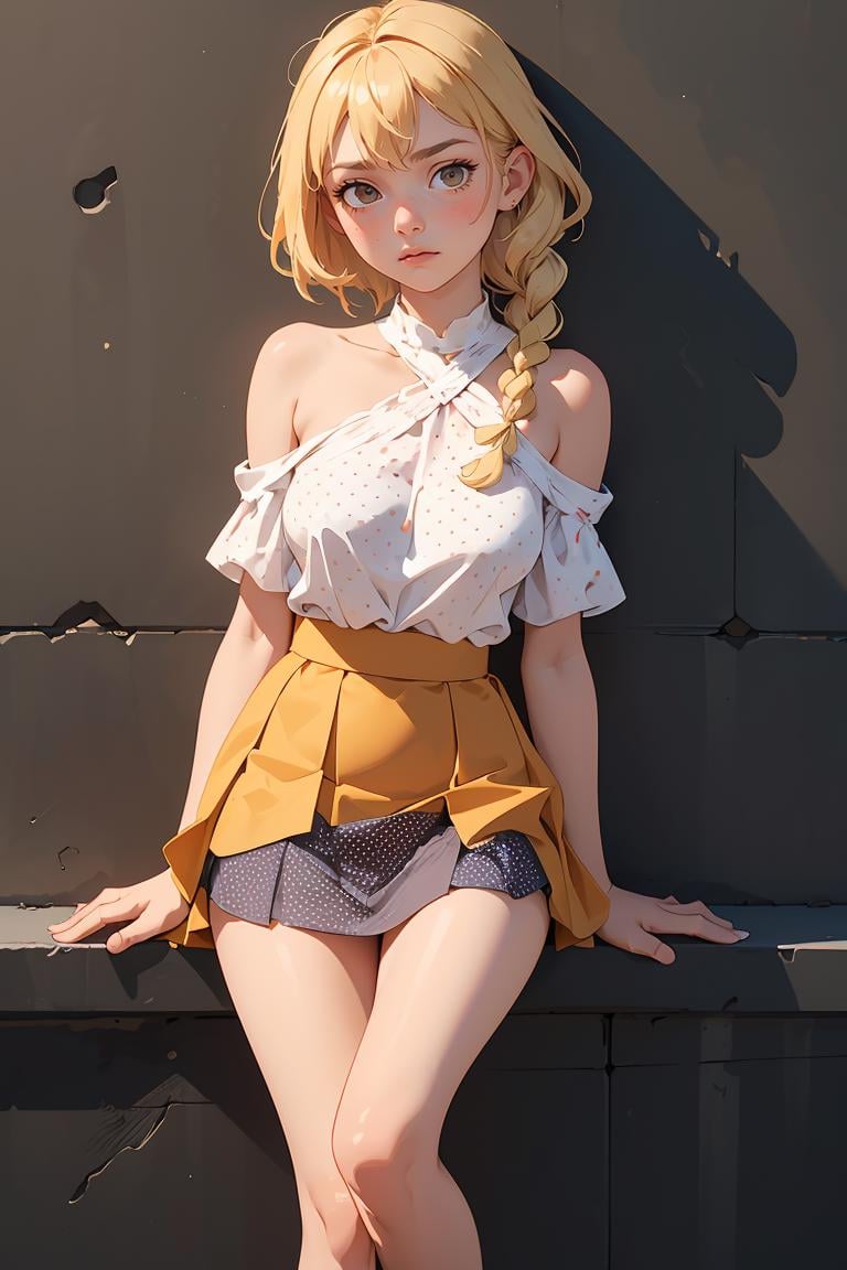 (masterpiece, best quality), 1girl, Raspberry Fishtail Braid, Size G breasts, Butterscotch Blonde One-shoulder asymmetrical blouse with a flowy drape. and Ruffled mini skirt with a polka-dot pattern, bare, Leaning on a wall with one leg bent, looking contemplative