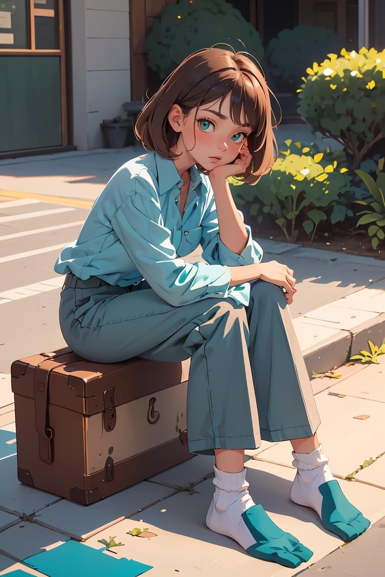 (masterpiece, best quality), 1girl, Sandy brown Textured Lob with Messy Parting, small breasts, Teal blue Oversized flannel shirt with a front pocket. and Wide-leg linen pants with a neutral color, loose socks, Sitting on the ground with legs spread wide, looking surprised