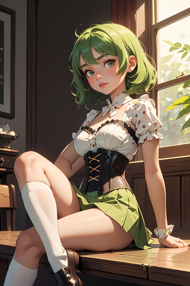 (masterpiece, best quality), 1girl, Apple green Short Wavy Hair with, Size DD breasts, Pearl gray Corset top and Ruffled mini skirt with a polka-dot pattern, kneehighs, Sitting with legs stretched out and arms crossed over the chest
