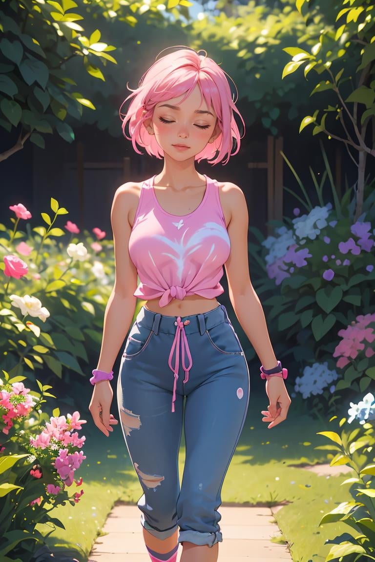 (masterpiece, best quality), 1girl, Watermelon pink Caesar Cut with High Fade, Size B breasts, Lilac Pink Tie-dye tank top and High-waisted denim jogger pants with a drawstring waist, tube socks, Standing in a garden, smelling a flower, with closed eyes, enjoying the fragrance.