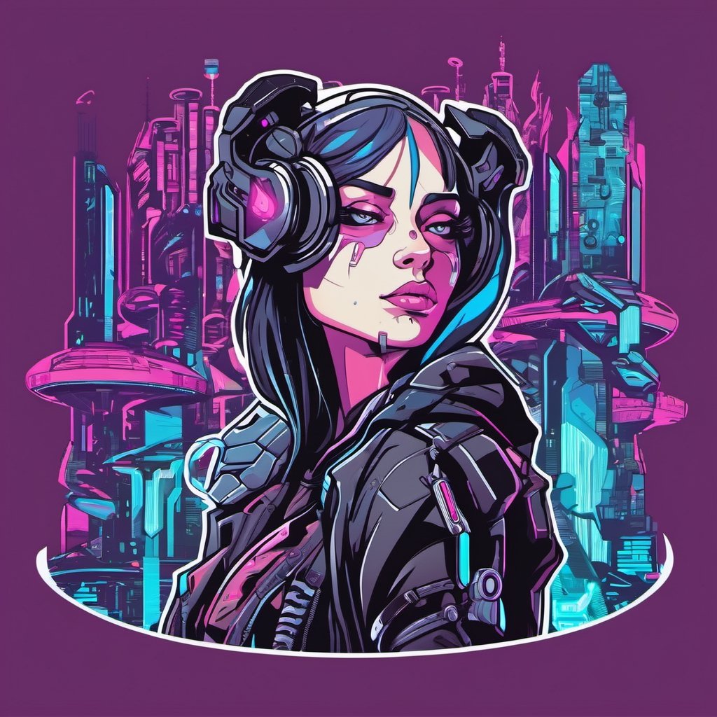 Cyberpunk world, cyberpunk girl, sticker, 2d cute, fantasy, dreamy, vector illustration, 2d flat, centered, by Tim Burton, professional, sleek, modern, minimalist, graphic, line art, vector graphics