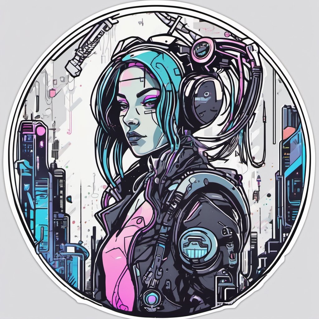 Cyberpunk world, cyberpunk girl, sticker, 2d cute, fantasy, dreamy, vector illustration, 2d flat, centered, by Tim Burton, professional, sleek, modern, minimalist, graphic, line art, vector graphics