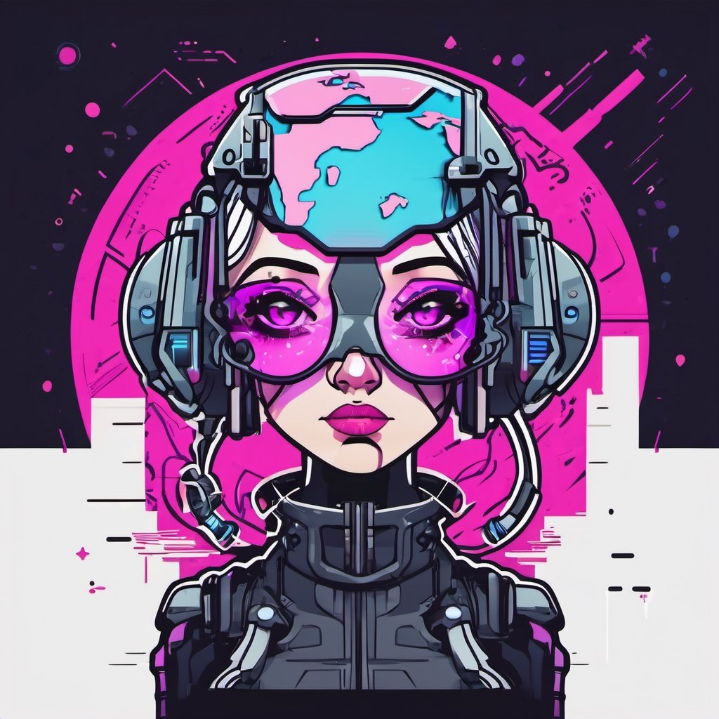 Cyberpunk world, cyberpunk girl, sticker, 2d cute, fantasy, dreamy, vector illustration, 2d flat, centered, by Tim Burton, professional, sleek, modern, minimalist, graphic, line art, vector graphics
