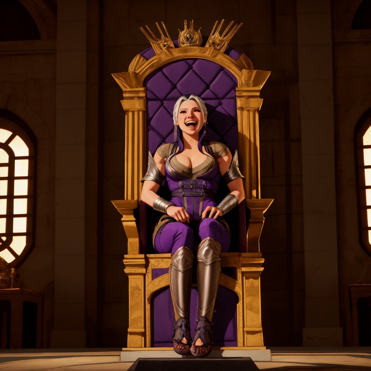 Sindel, white hair, multicolored hair, lips, brown eyes,purple bodysuit,cleavage, looking at viewer, happy, laughing, 
sitting, on throne, legs crossed,  inside, throne room, marble walls, extreme detail, hdr, beautiful quality,  