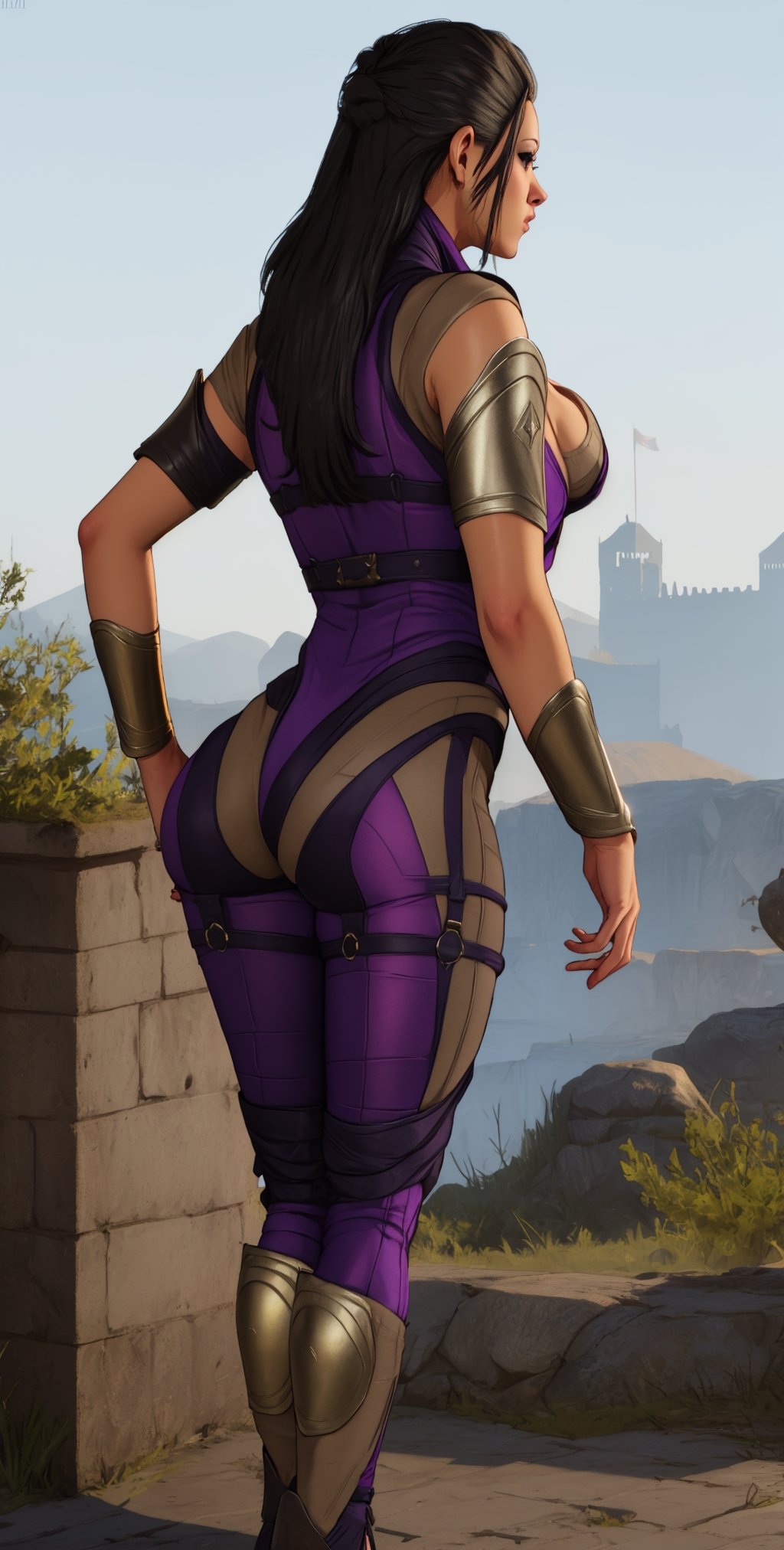 sindel, black hair,  multicolored hair,  brown eyes, 
purple bodysuit,  cleavage, 
standing, upper body,   from behind,  ass, looking back, 
morning, royal castle,   
(insanely detailed, beautiful detailed face, masterpiece, best quality),  