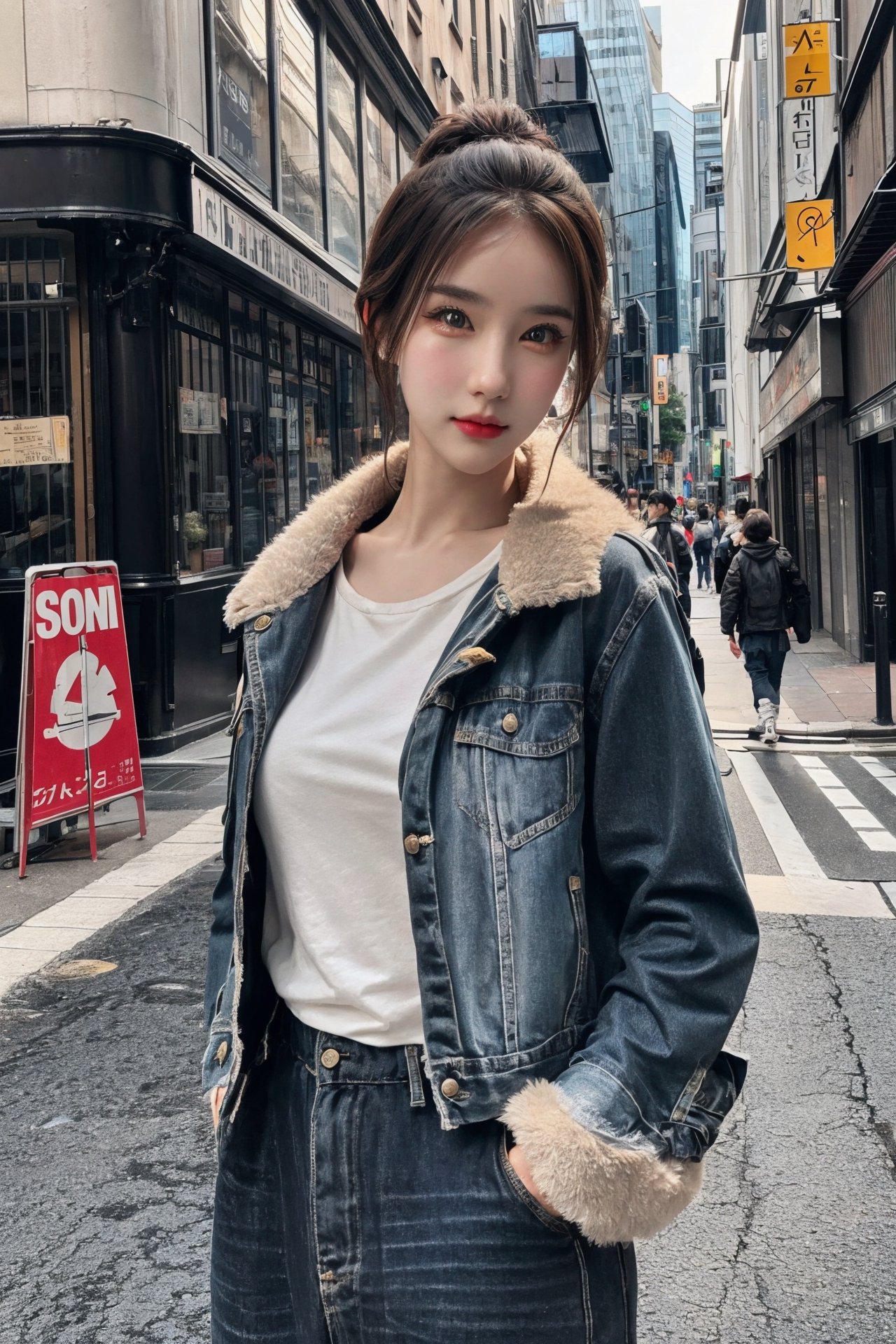 A glamour portrait photo,  outside the street,  shot by sony a7 mark iii,  85mm, hdr, vivid color,yoshirinrada