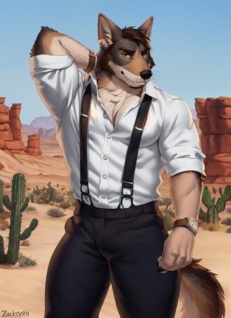 <lora:williamV2-08:1>, william adler, solo, mature male, bara, muscular male, wolf tail, (pose:1.3), (posing:1.3), (soft shading), 4k, hi res, ((detailed face, detailed eyes, detailed)), (full body), by zackarry911, by zaush, (by personalami:0.5), looking at viewer, shirt, 1boy, white shirt, male focus, thighs, collared shirt, pants, thick thighs, black pants, suspenders, sleeves rolled up, watch, wristwatch, pectoral cleavage, smile, desert, cactus, wristwatch on left hand, arms behind head