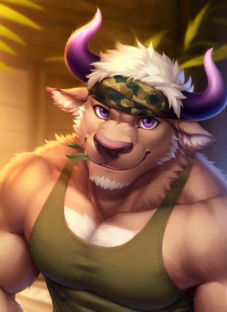 <lora:shennong-05:1>, shennong, solo, purple eyes, mature male, bara, muscular, cow tail, (soft shading), 4k, hi res, ((detailed face, detailed eyes, detailed)), (full body), by zackarry911, by zaush, (by personalami:0.5), solo, looking at viewer, smile, 1boy, bare shoulders, upper body, male focus, headband, leaf, mouth hold, tank top, camouflage, covered abs, sidepec, camouflage headwear, (pose), (posing), portrait, close-up, 