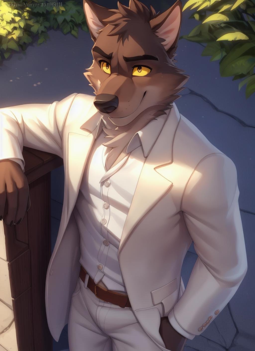 <lora:mr_wolf-09:0.9>, mr wolf, solo, shirt, long sleeves, standing, (white jacket), white shirt, male focus, open clothes, collared shirt, belt, pants, open jacket, formal, suit, shirt tucked in, brown belt, body fur, (white pants), yellow sclera, two-tone fur, by zackarry911, by zaush, (by personalami:0.5), (soft shading), 4k, hi res, detailed eyes, high angle view