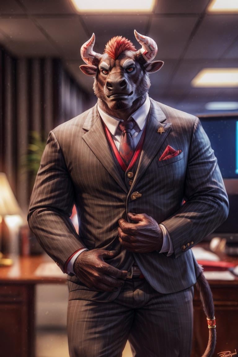 gyumao, bull, bovid, horn, (black body:1.4), black fur, fluffy, male, (clothed, suit), topwear, bottomwear, manly, markings, tail, office, front view, 5 fingers, red facial hair, mohawk, red hair, red eyes, tail, tail accessory, tail jewelry,BREAK,by zephyxus, by thebigslick, by personalami, by snowskau, (intricate, high detail, film photography, soft focus, RAW candid cinema,photorealism, realistic, photorealistic, analog style, subsurface scattering,masterpiece, best quality, ultra realistic, 8k)