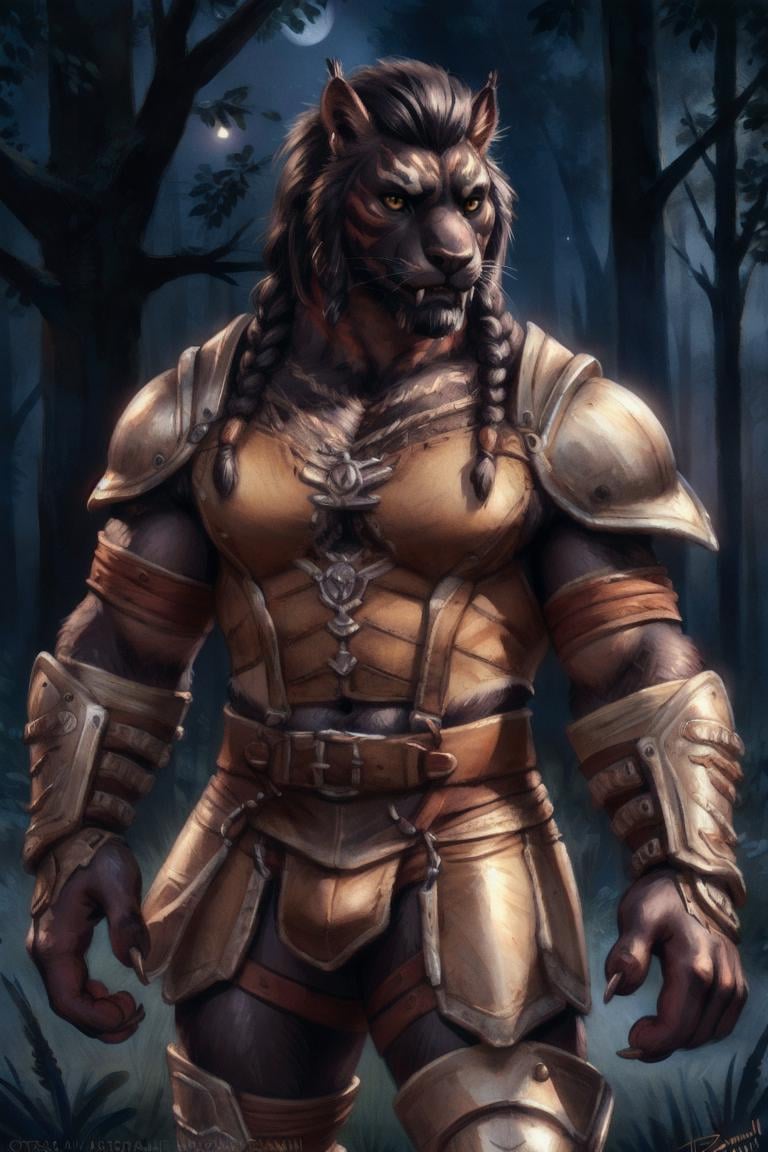 hrothgar, male, clothed, armor, unconvincing armor, front view, tail, solo, forest, night, moonlight fangs, claws, braided hair, black hair, stripes, (black body:1.3), red stripes,BREAK,by bruteandbrawn, by personalami, by kenket, (intricate, high detail, film photography, soft focus, RAW candid cinema,photorealism, realistic, photorealistic, analog style, subsurface scattering,masterpiece, best quality, ultra realistic, 8k)