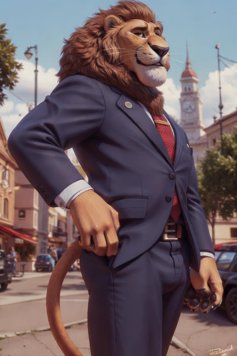 leodore lionheart, lion, felid, explicit, anthro, pants, suit, bottomwear, male, mask, solo, standing, tail, paws, pawpads, ciry,BREAK,by nextel, by personalami, by xenoforge, (intricate, high detail, film photography, soft focus, RAW candid cinema,photorealism, realistic, photorealistic, analog style, subsurface scattering,masterpiece, best quality, ultra realistic, 8k)